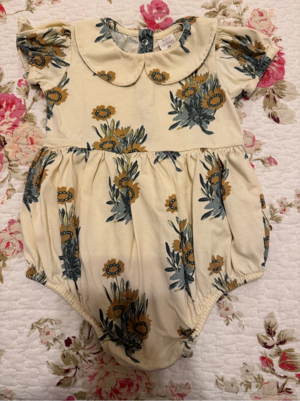 kate quinn Cream Floral Baby Dress with Yellow and Blue Green Print